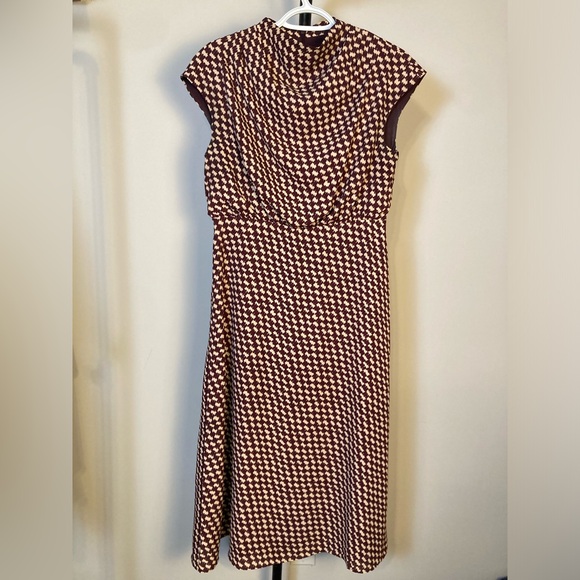 EUC Ann Taylor Dress Houndstooth Blouson & Flare Midi Brown Cream Size 2 - Picture 4 of 10